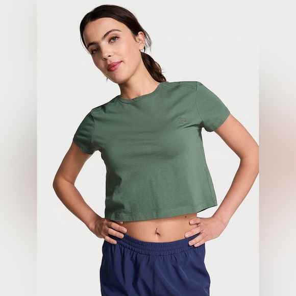 🆕VS PINK | Dreamer Cotton Crop Tee- Chasing The Sun Graphic in Forest Link Large - Picture 2 of 6